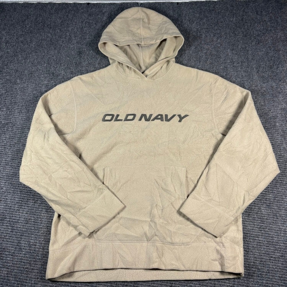 Old Navy Fleece Hoodie Men Large Beige Excellent Logo Pullover Pocket